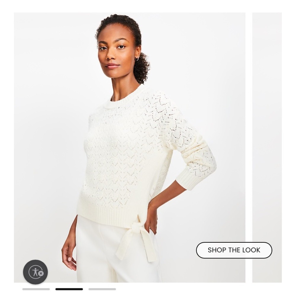 LOFT Ivory Pointelle Heart Knit Side Tie Crew Neck Sweater Cottagecore, Coquette